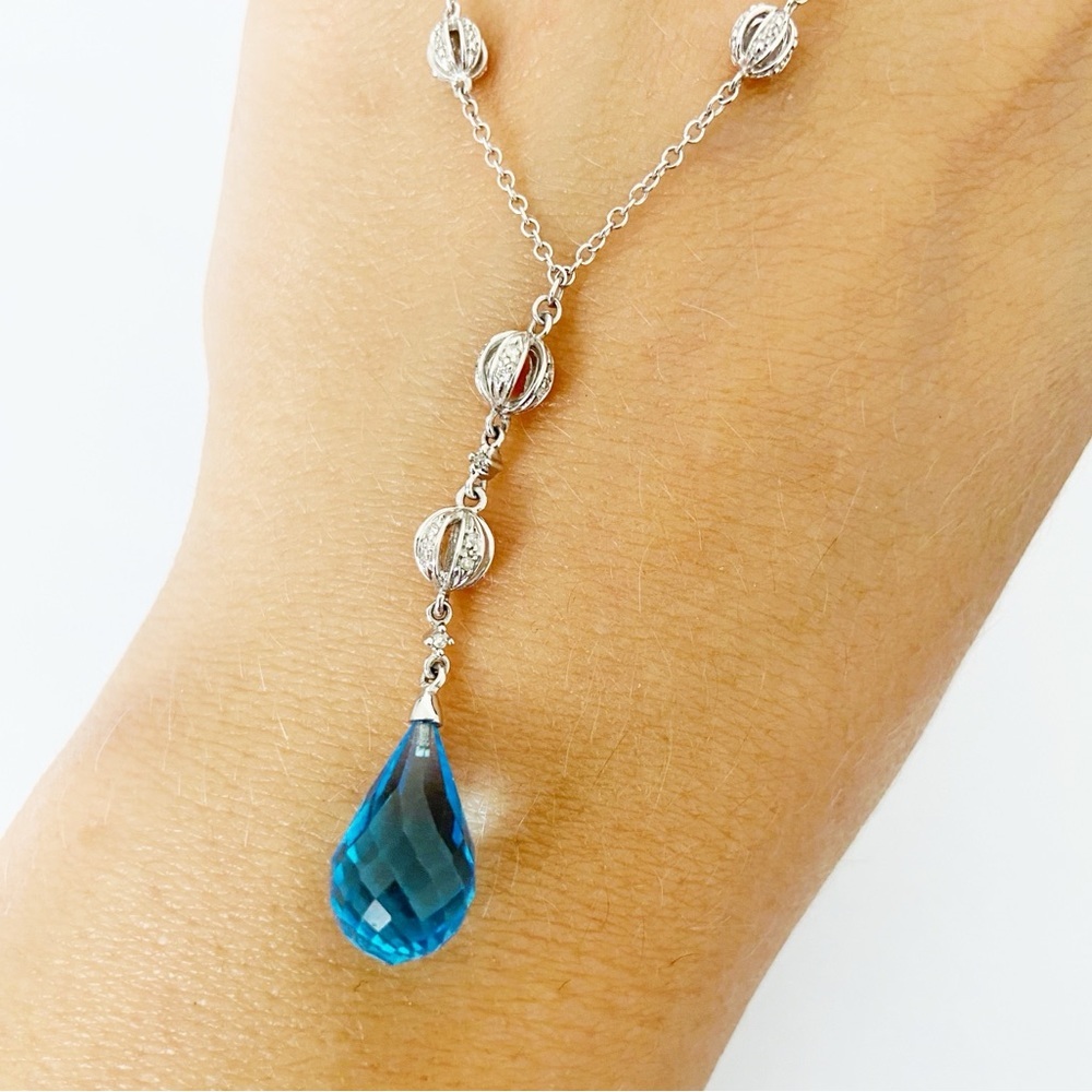 14k white gold diamond & blue topaz briolette lavalier necklace 18”